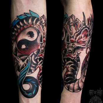 Татуировка мужская япония на предплечье дракон, инь-янь
