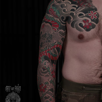 Татуировка мужская япония тату-рукав змея и череп