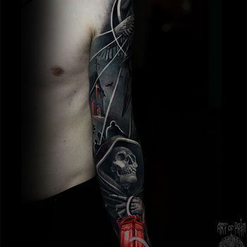 Татуировка мужская хоррор тату-рукав смерть, ворон