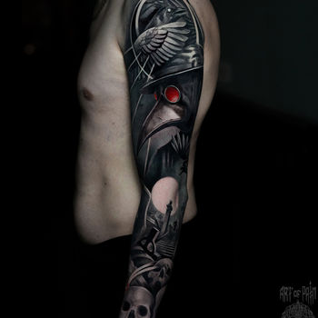 Татуировка мужская хоррор тату-рукав черепа, чумной доктор, ворон