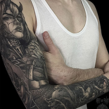 Татуировка мужская графика тату рукав девушка-демон