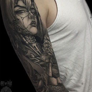 Татуировка мужская графика на плече девушка-демон