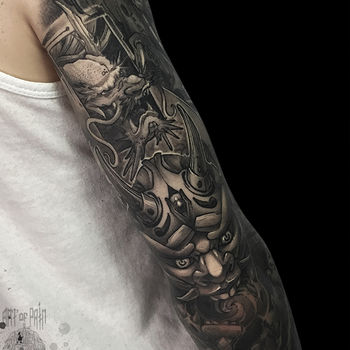Татуировка мужская графика на руке Хання и дракон