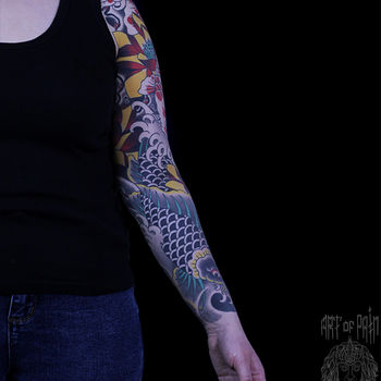 Татуировка женская япония тату-рукав карпы и лотосы