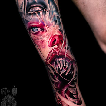 Татуировка мужская цветной реализм на ноге девушка-демон