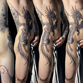 Татуировка мужская графика на боку дракон