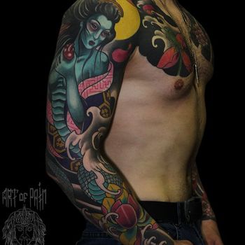 Татуировка мужская япония тату-рукав Нурэ-онна (женщина-змея)