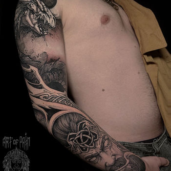 Татуировка мужская графика тату-рукав маг и дракон