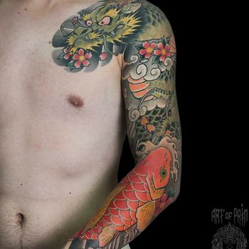 Татуировка мужская япония тату-рукав зеленый дракон и карп