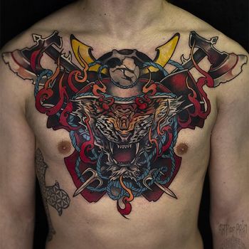 Татуировка мужская япония на груди тигр-воин