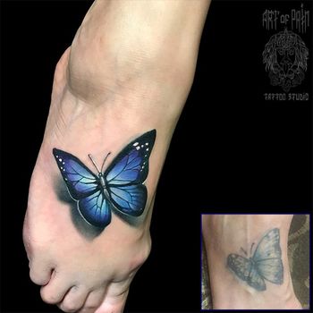 Татуировка женская реализм на ноге бабочка