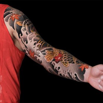 Татуировка мужская япония тату-рукав карпы, волны, клен