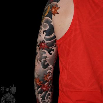 Татуировка мужская япония тату-рукав волны, карпы, клен