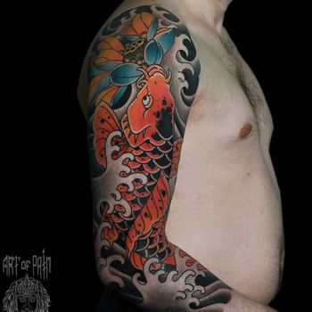 Татуировка мужская япония тату-рукав карп, голубой лотос