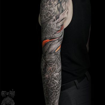 Татуировка мужская реализм тату-рукав орнамент, пламя, земля 