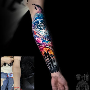Татуировка мужская реализм на тату-рукав планеты, вселенная и семья