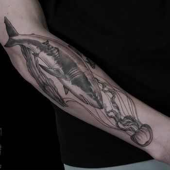 Татуировка мужская графика на предплечье акула и медуза