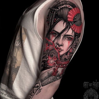 Татуировка мужская нео-япония на плече гейша