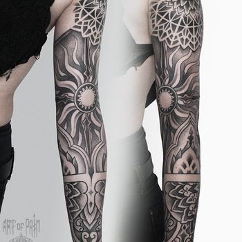 Татуировка женская дотворк тату-рукав солнце