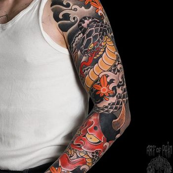 Татуировка мужская япония тату-рукав змея и ханья