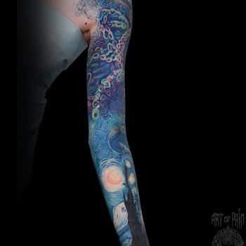 Татуировка женская нью скул тату-рукав Ван Гог, звездная ночь, море, осьминог