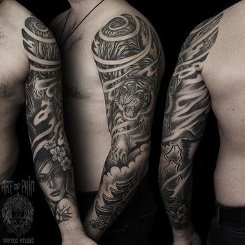 Татуировка мужская япония тату-рукав тигр, пагода, девушка