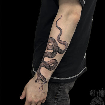 Татуировка мужская графика на предплечье змея