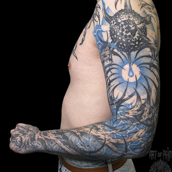 Татуировка мужская графика тату-рукав абстракция, растения