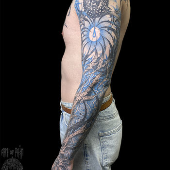 Татуировка мужская графика на тату-рукав абстракция, растения