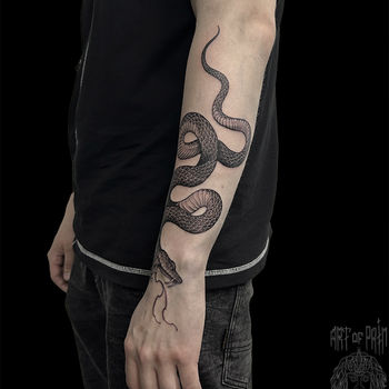Татуировка мужская графика на предплечье змея