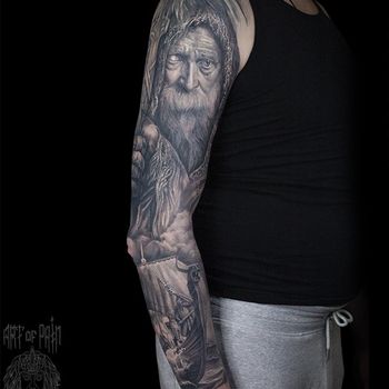 Татуировка мужская реализм тату-рукав старец, викинги