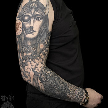 Татуировка мужская графика тату-рукав девушка, демон, орнамент