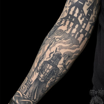 Татуировка мужская графика на предплечье призрак, скелет, демон, пожар