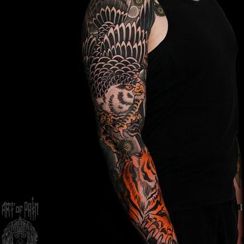 Татуировка мужская япония тату-рукав тигр и орел