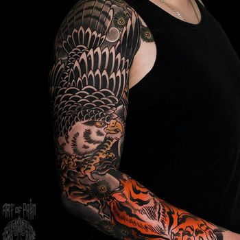 Татуировка мужская япония тату-рукав орел и тигр