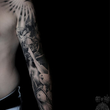 Татуировка мужская реализм тату-рукав ангелы, руки, часы