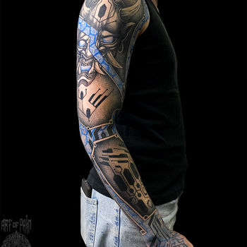 Татуировка мужская графика тату-рукав демон, маска, орнамент