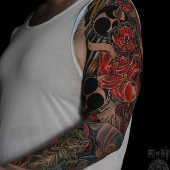 Татуировка мужская япония тату-рукав демоны и символы
