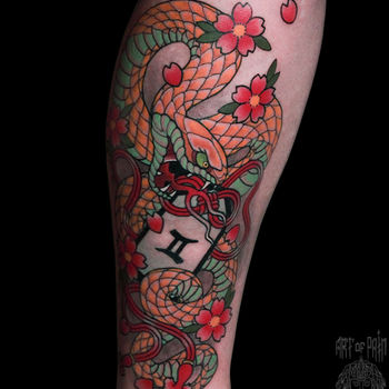 Татуировка мужская япония на голени змея