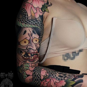 Татуировка женская япония тату-рукав ханья, змея, пионы