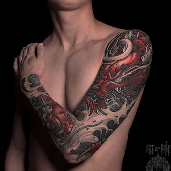 Татуировка мужская нео-япония тату-рукав дракон и карп