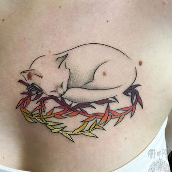 Татуировка женская графика на груди кот