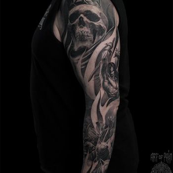 Татуировка мужская реализм тату-рукав череп, воин, битва