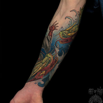 Татуировка мужская нео-япония на предплечье змеи и самурай