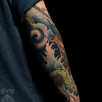Татуировка мужская нео-япония на предплечье змеи и самурай