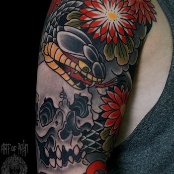 Татуировка мужская япония на плече череп, змея и красные цветы