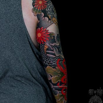 Татуировка мужская япония рукав череп и хризантемы