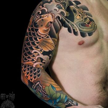 Татуировка мужская япония тату-рукав карп, лотосы, ханья на груди