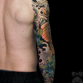 Татуировка мужская япония тату-рукав карп, лотосы, ханья