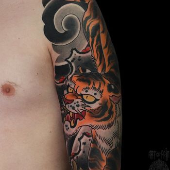 Татуировка мужская япония на плече тигр